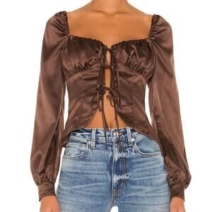 Revolve Majorelle Waldorf Top in Chocolate Brown Tie Front Small NWT Long Sleeve